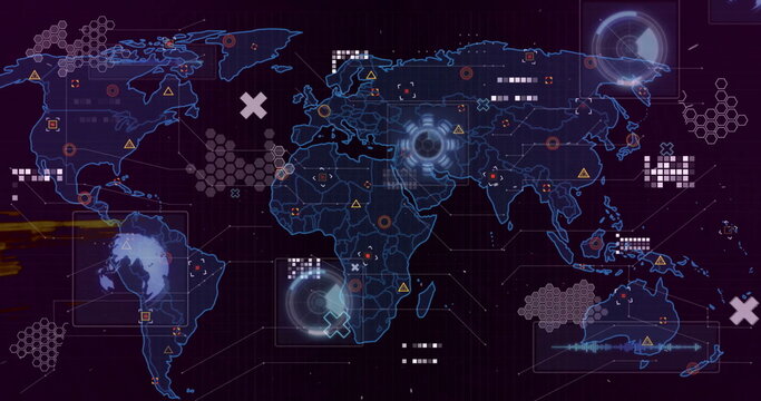 Image of shapes over world map with data processing on black background - Powered by Adobe