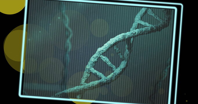 Image of dna strands spinning over glowing spots on dark background