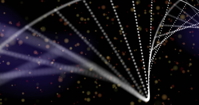 Image of dna strand spinning over glowing spots on dark background