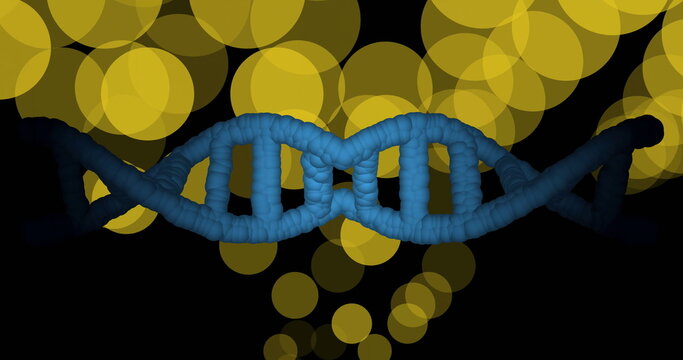 Image of dna strand spinning over glowing spots on dark background