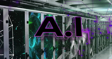 Image of ai text and data processing over computer servers