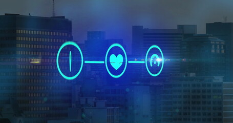 Image of media icons over cityscape