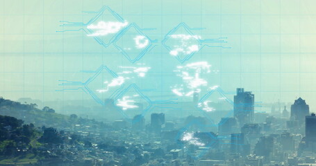 Image of security icons over cityscape