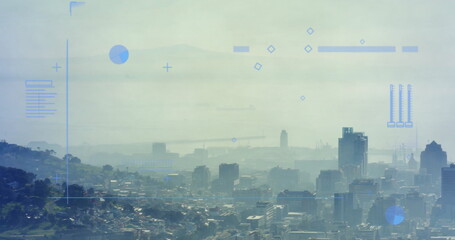 Image of diagrams and data processing over cityscape