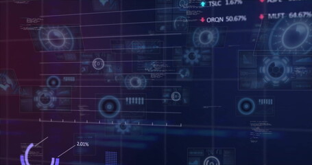 Image of financial data processing over world map on dark background