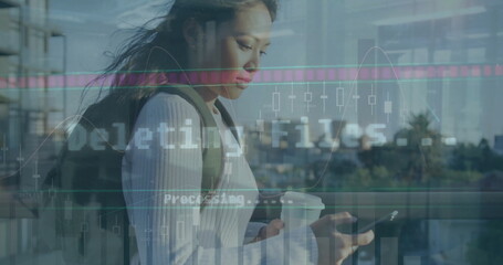 Image of financial data processing over biracial woman using smartphone on the go