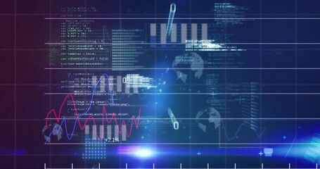 Image of financial data processing over world map on dark background