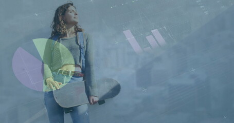 Image of globe and icons over caucasian woman with skateboard