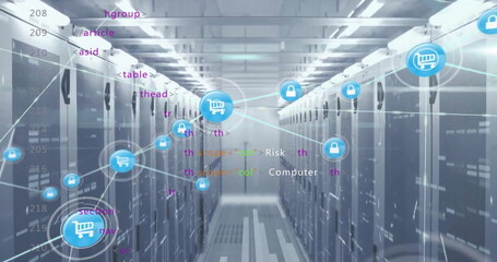 Image of network of shopping cart and padlock icons with data processing over server room