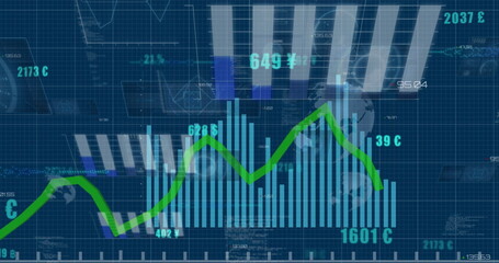 Image of financial data processing over world map on dark background