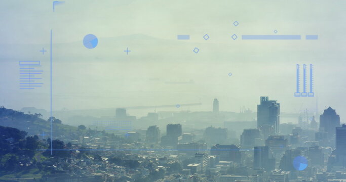 Image of diagrams and data processing over cityscape - Powered by Adobe