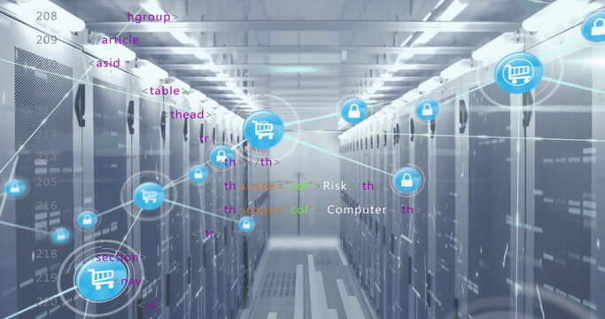 Image of network of shopping cart and padlock icons with data processing over server room
