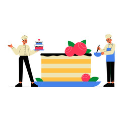 Pastry Chefs Decorating A Layered Cake With Roses In Flat Vector Illustration Symbolizing Baking, Culinary Art, And Celebration, Isolated On White Background
