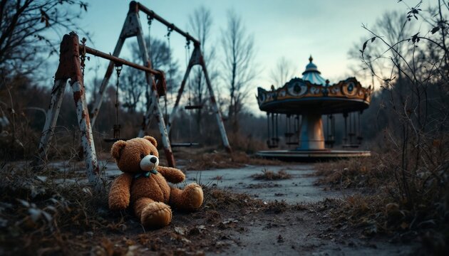 Teddy bear sitting in an abandoned playground with dilapidated carousel, swings, and overgrown grass