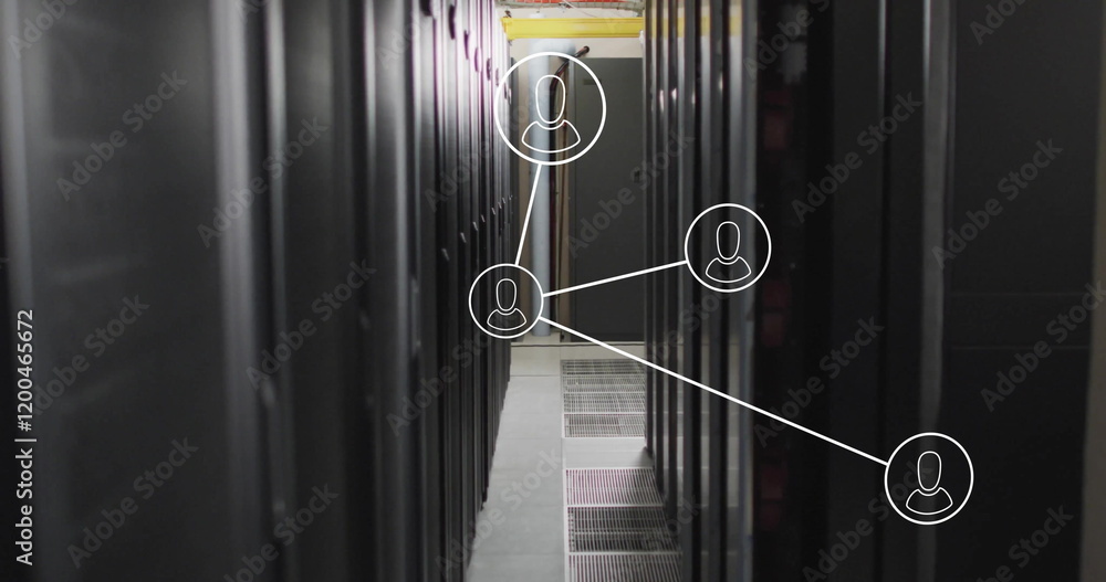 Poster image of network of connections with icons and data processing over computer servers