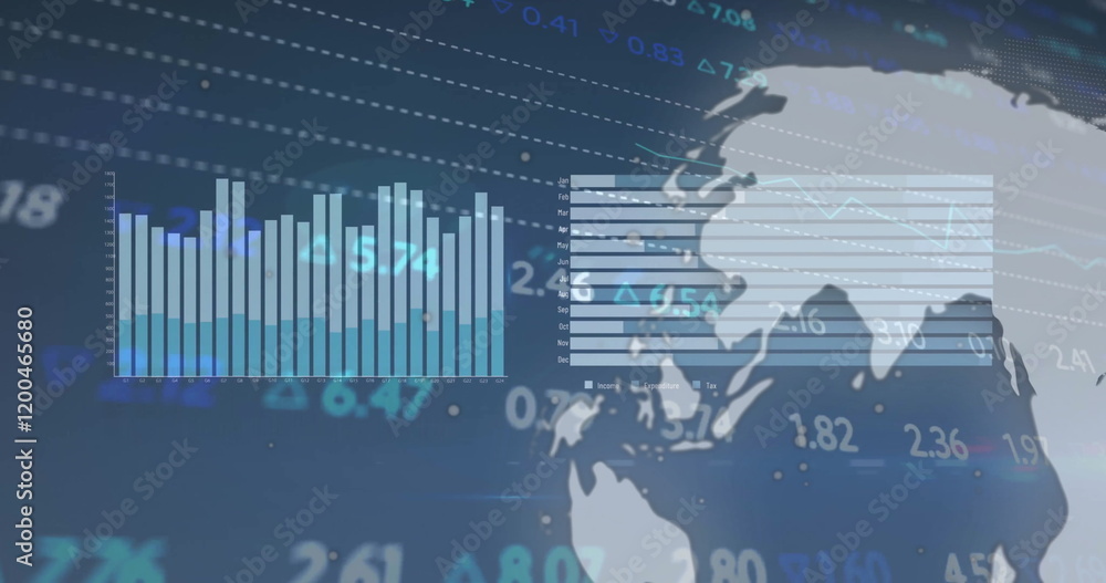 Poster image of financial data processing over globe on dark background
