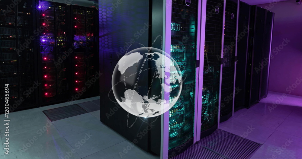 Poster image of globe and data processing over computer servers