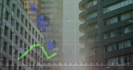 Image of financial data processing over cityscape