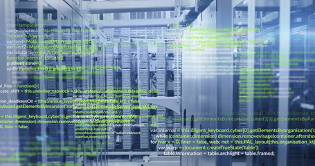 Image of layers of yellow and white text data processing over server room