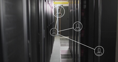 Image of network of connections with icons and data processing over computer servers