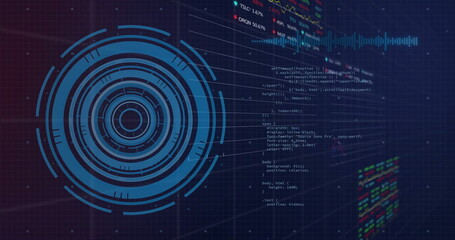 Image of financial data processing over scope on dark background