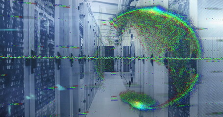 Image of glowing pixel globe and data processing over server room