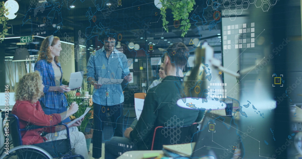 Poster image of data processing and world map over disabled and diverse colleagues discussing work