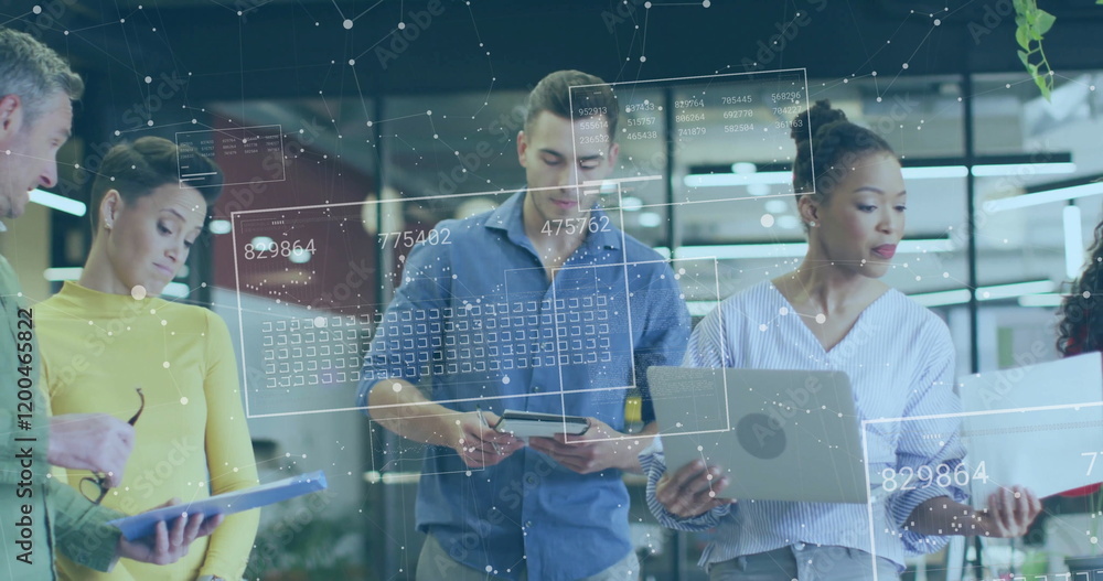Poster image of data processing and shapes over diverse colleagues discussing work