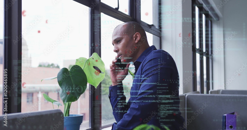 Poster image of digital data processing over biracial businessman using smartphone in office