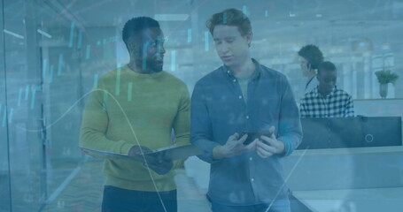 Image of financial data processing over diverse male colleagues discussing work in office