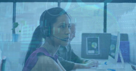 Image of financial data processing over biracial businesswoman using phone headset in office