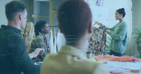 Image of data processing and shapes over diverse business people discussing work