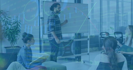 Image of financial data processing over diverse colleagues discussing work in office