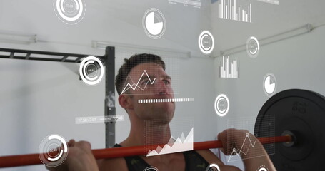 Image of data processing and diagrams over caucasian man lifting weight bar at gym