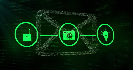 Image of digital icons with connections and email envelope over dark background
