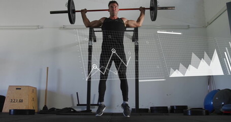 Image of data processing and diagrams over caucasian man lifting weight bar at gym