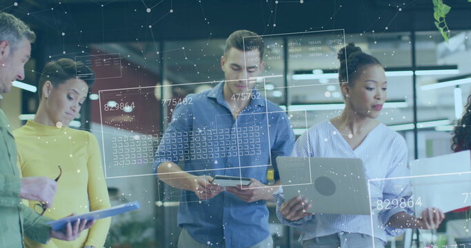 Image of data processing and shapes over diverse colleagues discussing work