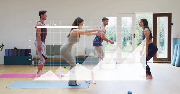 Image of data processing and diagrams over diverse people with trainer exercising at gym