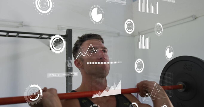 Image of data processing and diagrams over caucasian man lifting weight bar at gym