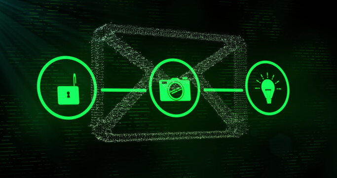 Image of digital icons with connections and email envelope over dark background