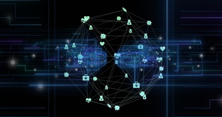 Image of data processing and globe with icons over dark background