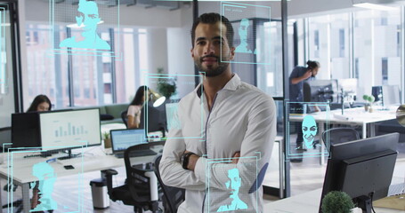 Image of biometric photos and data processing over biracial businessman in office