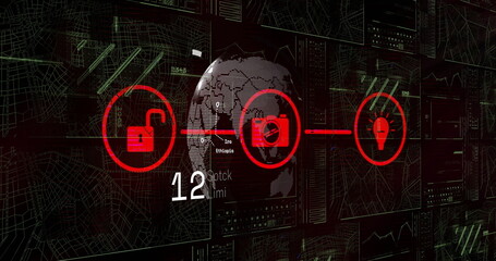 Image of data processing and icons with connections over dark background