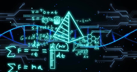 Image of dna strand over mathematical equations and figures