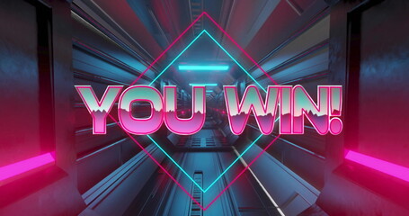 Image of you win text over digital tunnel