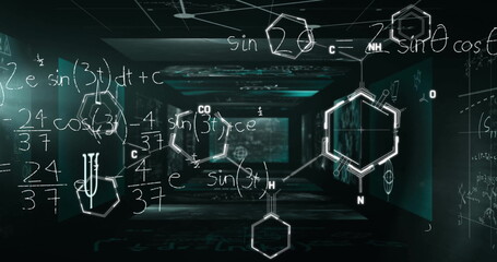 Image of chemical formula over mathematical equations and figures