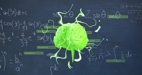 Image of neon shapes over mathematical equations and brain