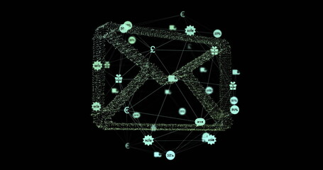 Image of data processing and globe with icons over dark background