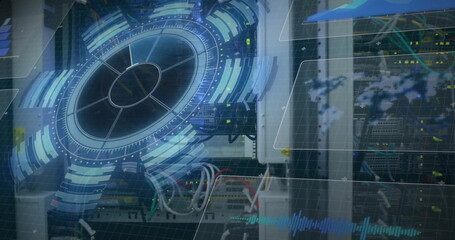 Image of network of connections and data processing over computer servers