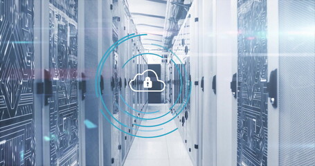 Image of padlock and cloud icon with digital data processing over computer servers